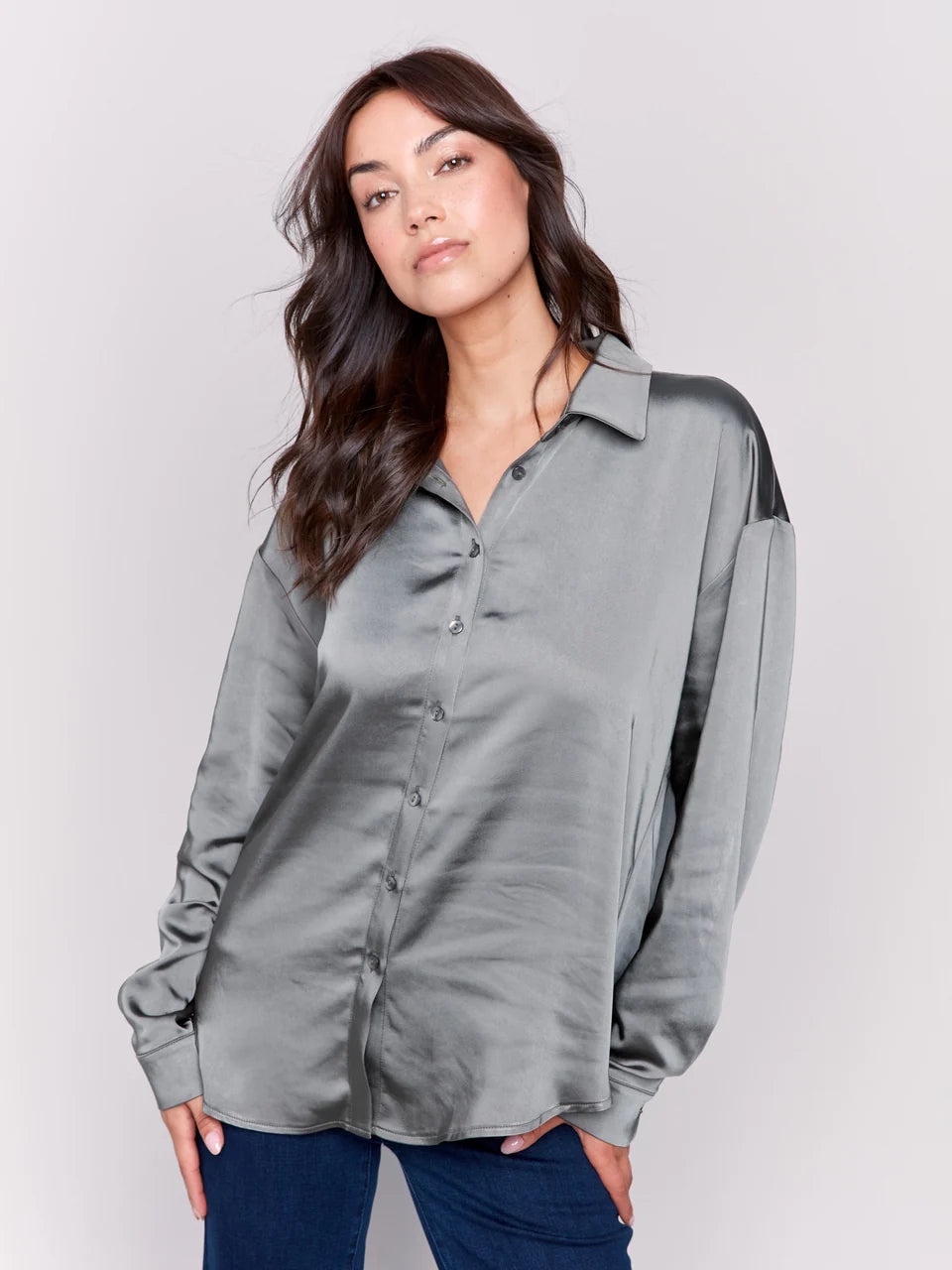 Solid Satin Button-Down Shirt