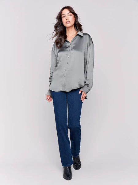 Solid Satin Button-Down Shirt