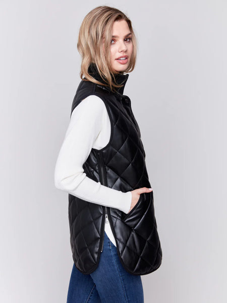 Long Quilted Faux Leather Vest