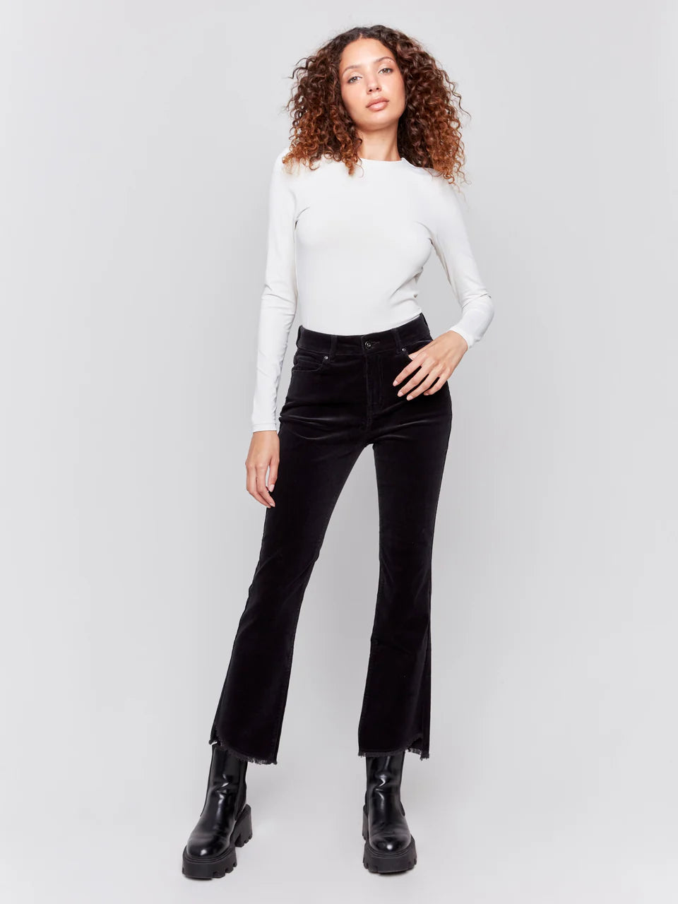 Bootcut Corduroy Pants with Asymmetrical Hem