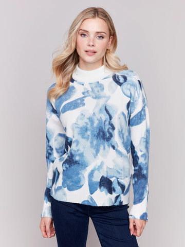 Mock-Neck Drop-Shoulder Printed Sweater