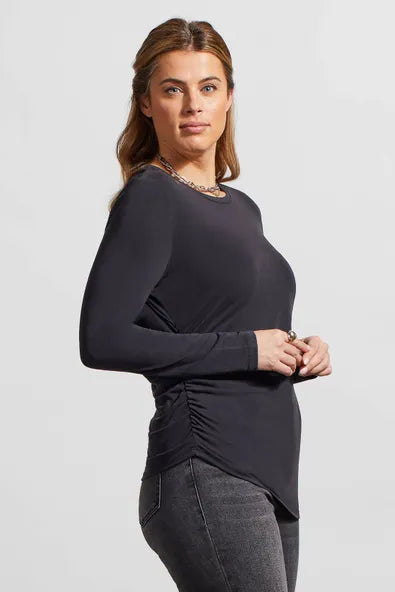 Ruched Long-Sleeve Top with Asymmetrical Hem