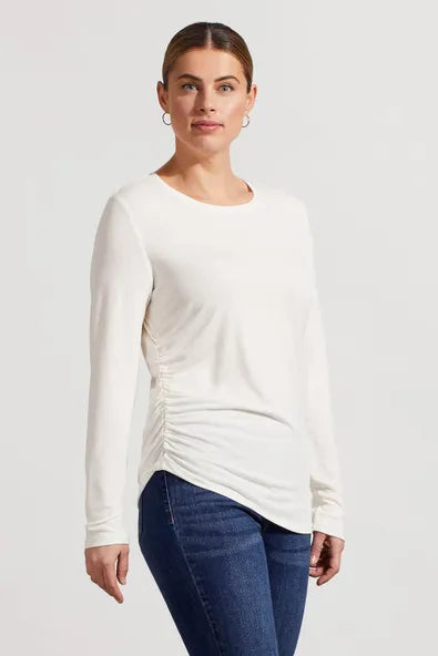 Ruched Long-Sleeve Top with Asymmetrical Hem