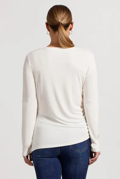 Ruched Long-Sleeve Top with Asymmetrical Hem