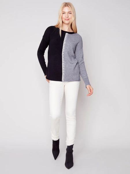 Vertical Color Block Sweater with Stitch Detail