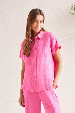 Cotton Gauze Button-Up Shirt with Short Sleeves