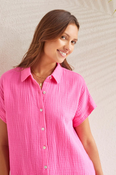 Cotton Gauze Button-Up Shirt with Short Sleeves