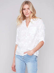 Half Button Embroidered Cotton Blouse