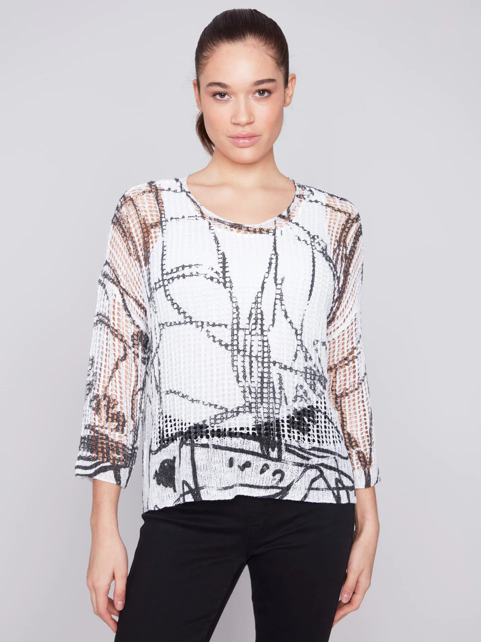 Printed Fishnet Crochet Sweater