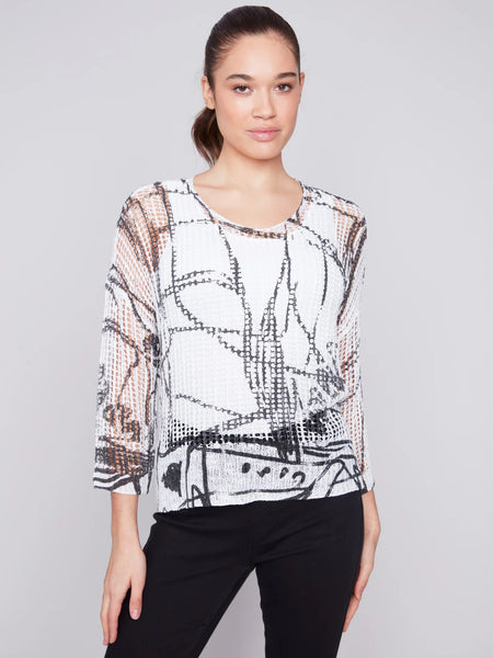 Printed Fishnet Crochet Sweater