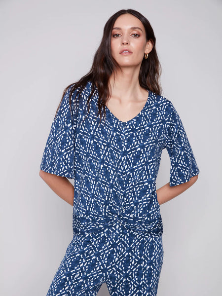 Short-Sleeve Printed Top with Front Knot