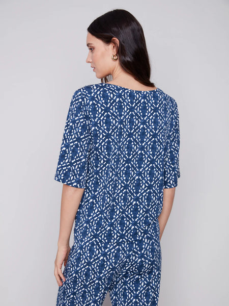 Short-Sleeve Printed Top with Front Knot