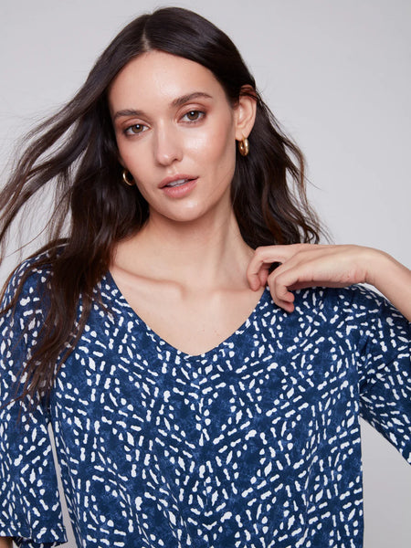 Short-Sleeve Printed Top with Front Knot