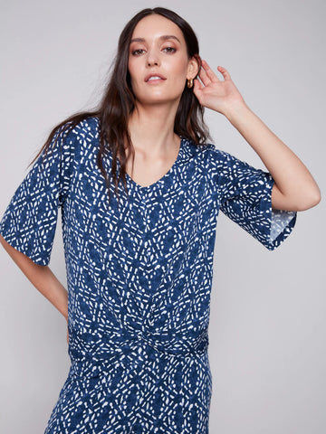 Short-Sleeve Printed Top with Front Knot