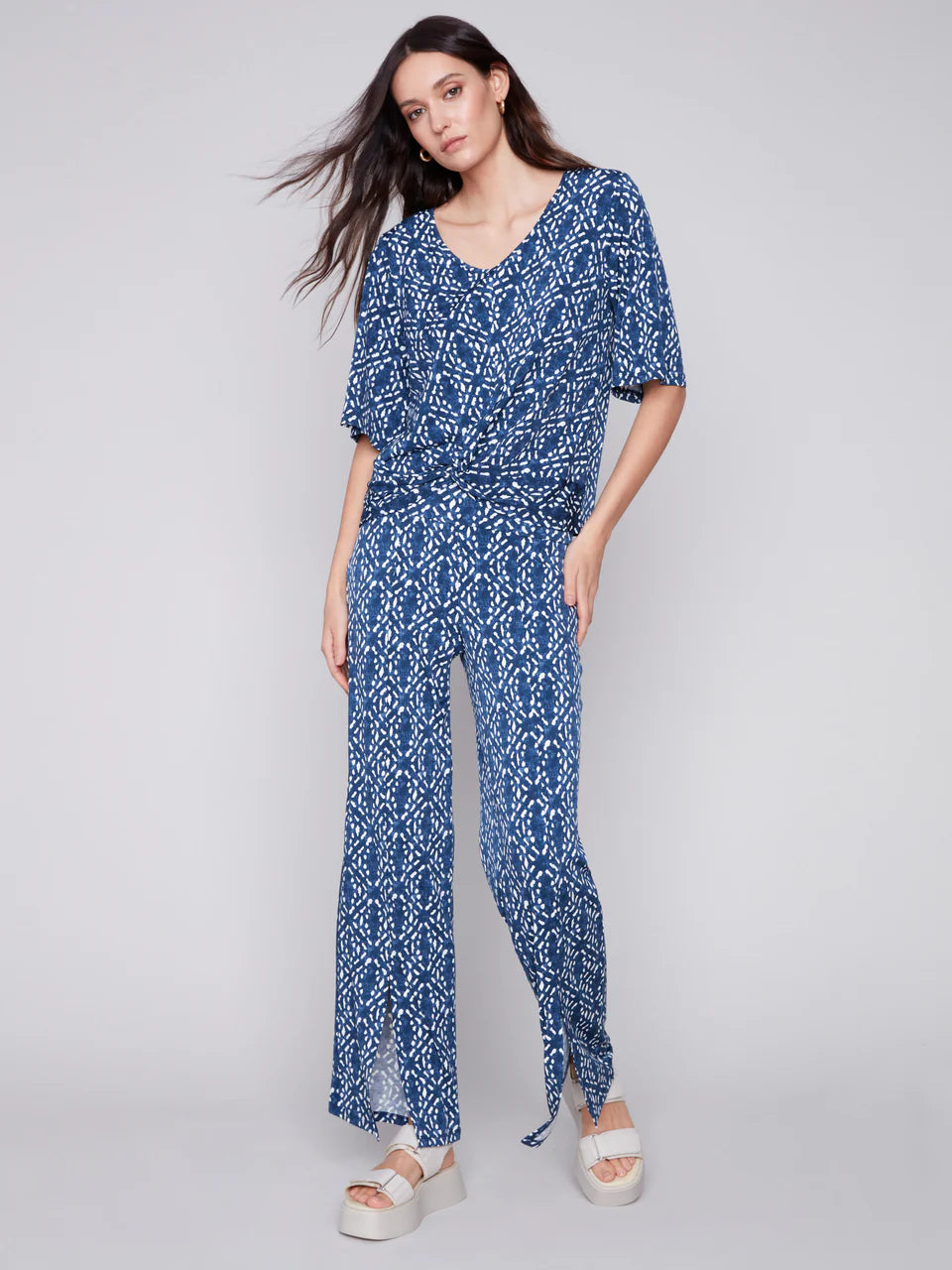 Printed Wide Leg Pants with Front Slits