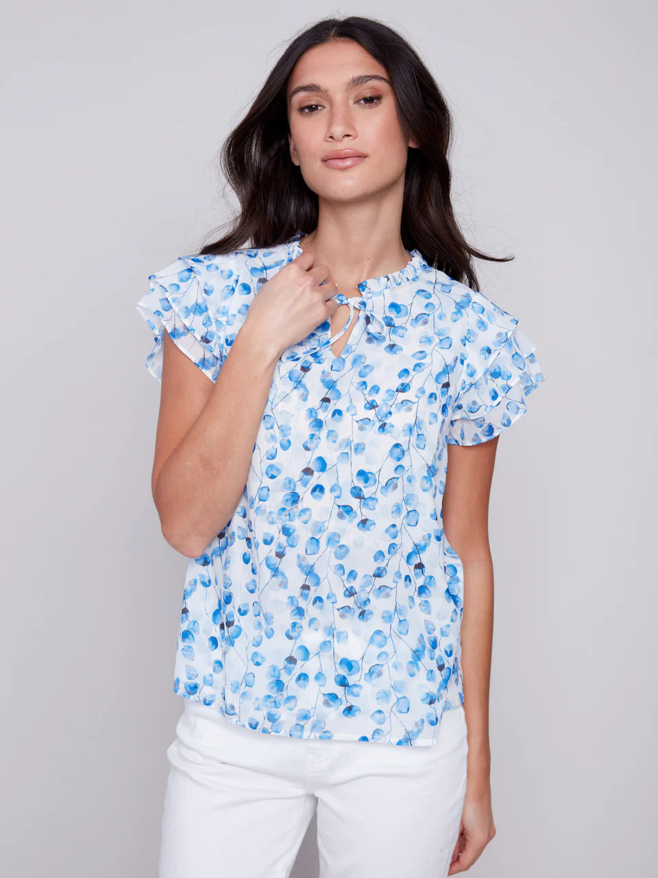 Printed Ruffle Sleeve Chiffon Blouse