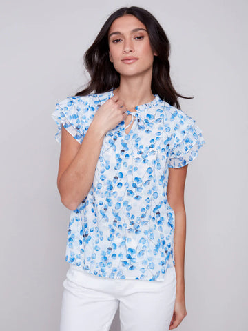 Printed Ruffle Sleeve Chiffon Blouse