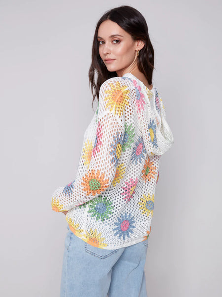 Printed Fishnet Crochet Hoodie Sweater