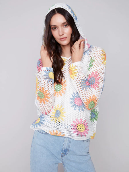 Printed Fishnet Crochet Hoodie Sweater