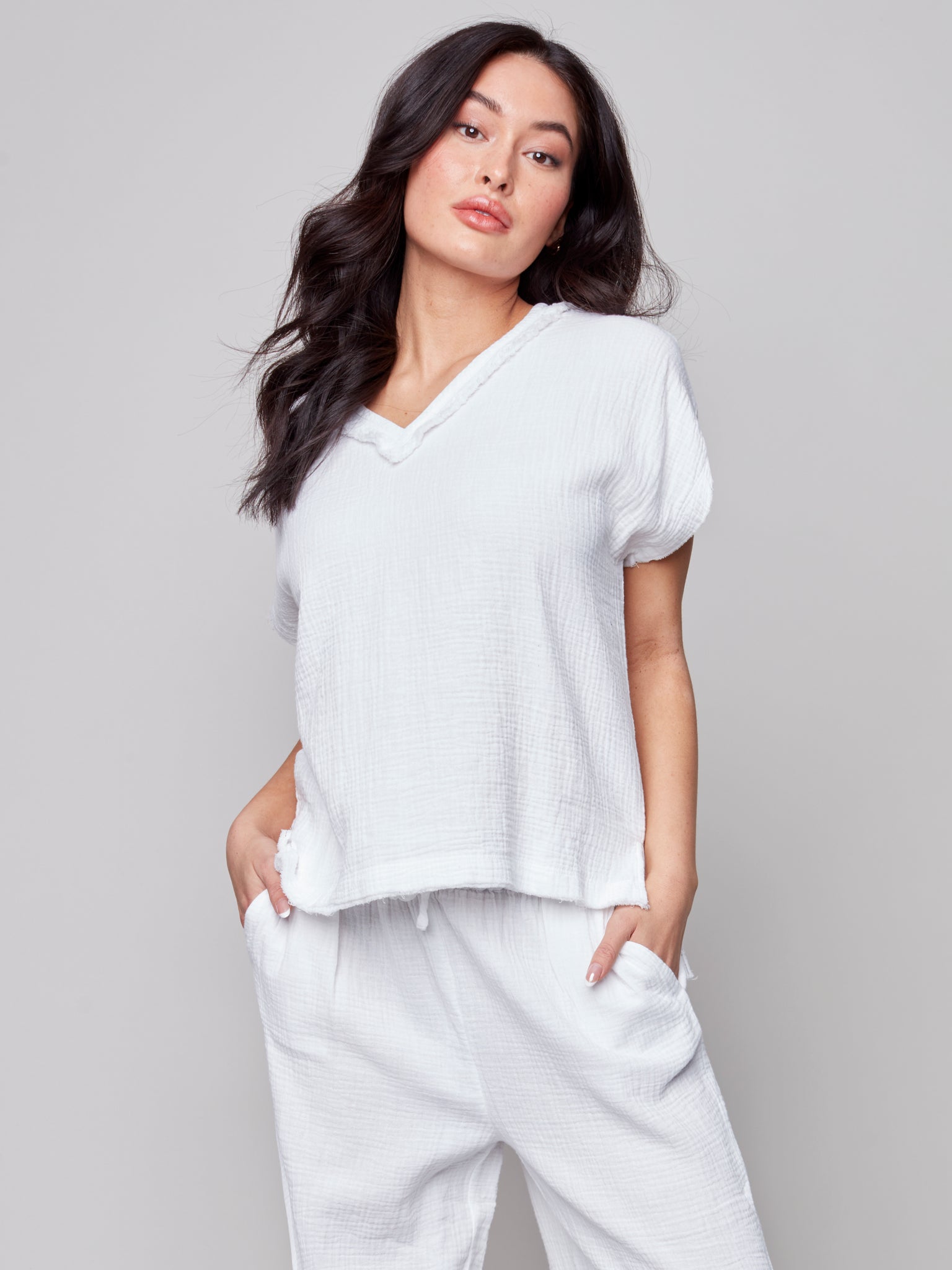 Short Sleeve V Neck Cotton Top