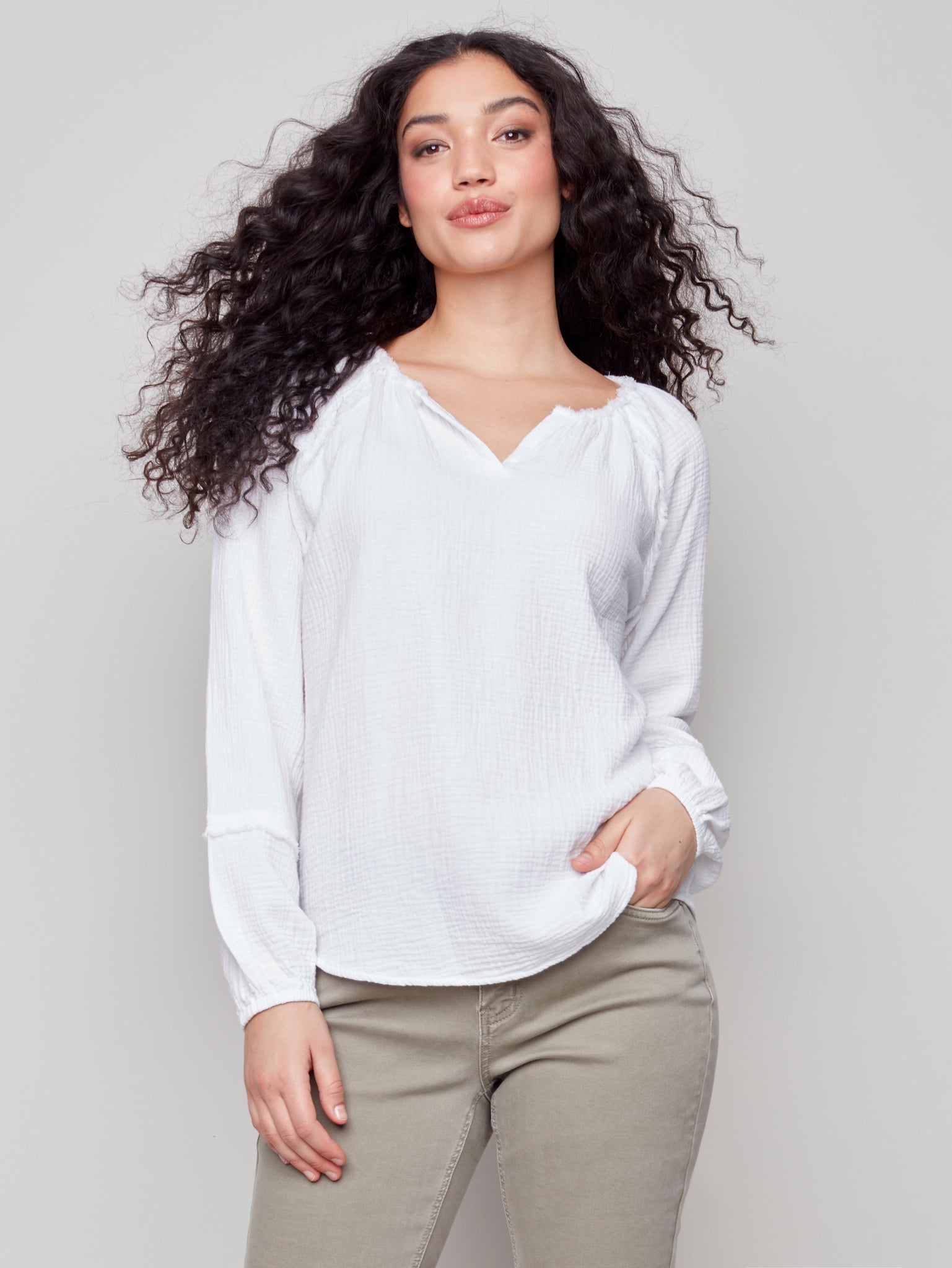 Solid Tie Neck Long Sleeve Bubble Cotton Blouse