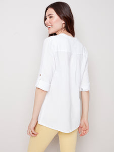 Long Sleeve V Neck Placket with Chest Pocket Cotton Blouse