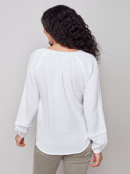 Solid Tie Neck Long Sleeve Bubble Cotton Blouse