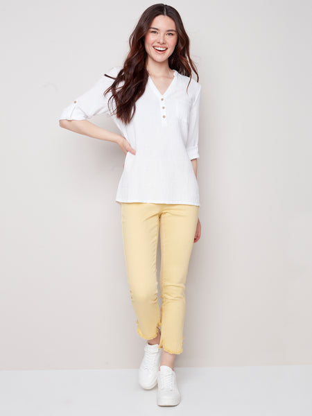 Long Sleeve V Neck Placket with Chest Pocket Cotton Blouse