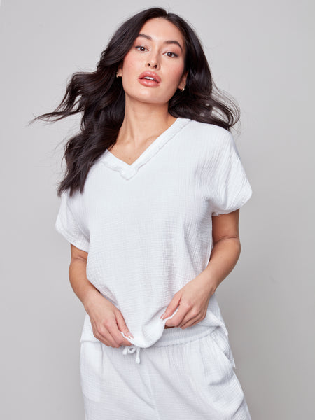 Short Sleeve V Neck Cotton Top