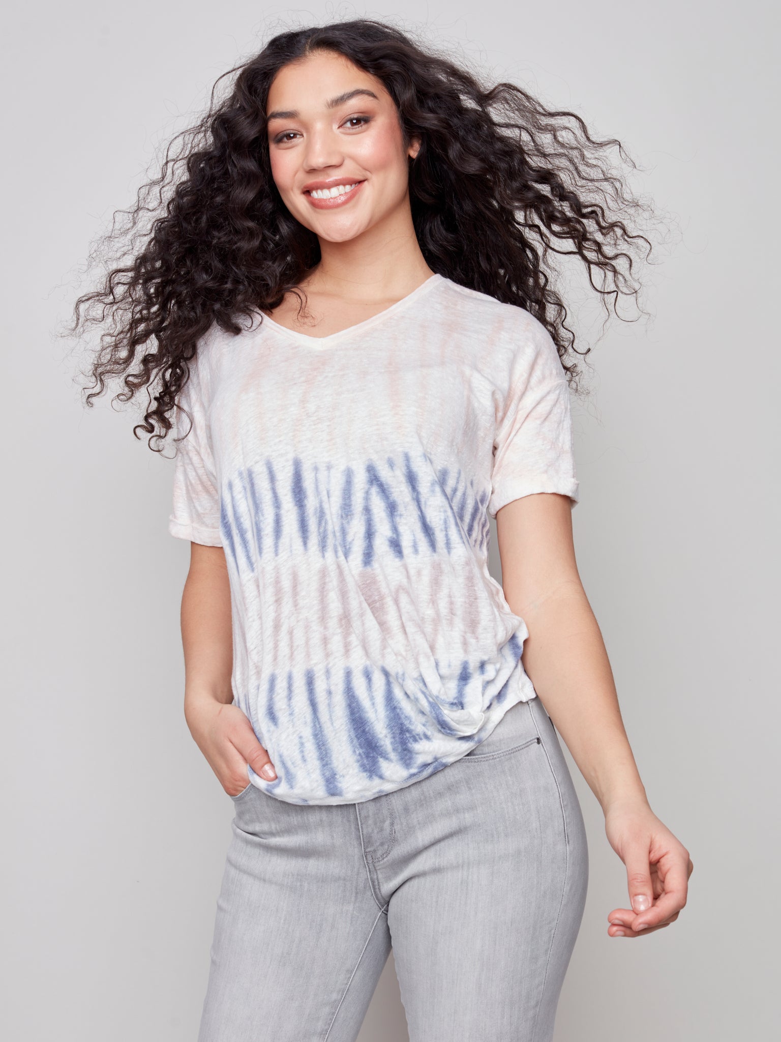 Tie Dye Short Sleeve V Neck Twist Hem T Shirt