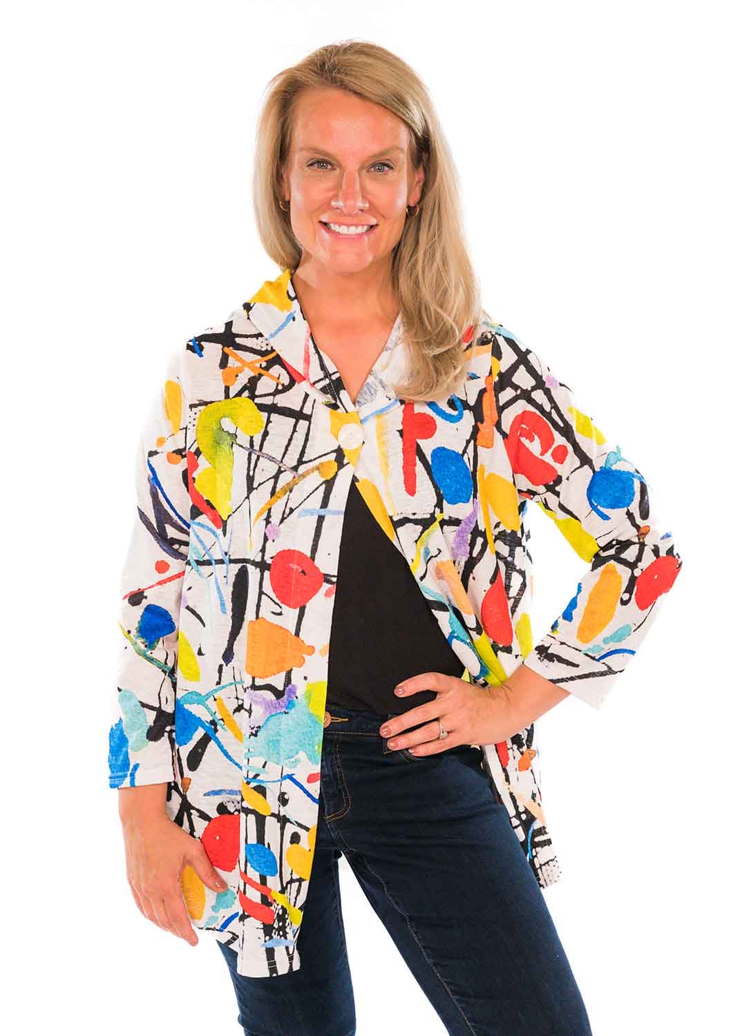 Long Sleeve Swing Hooded Squiggle Print Cardigan